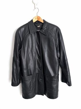 Vintage 90s - Danier - 90s Minimalist Black Leather Car Coat - Size M